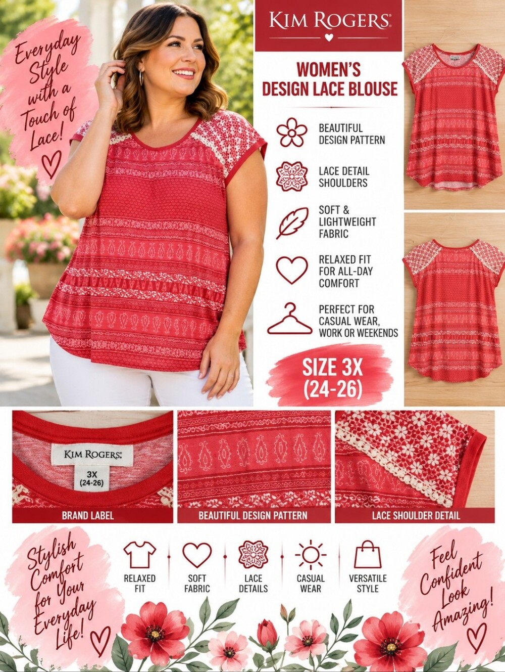 Kim rogers Women's 3X red design lace blouse #35